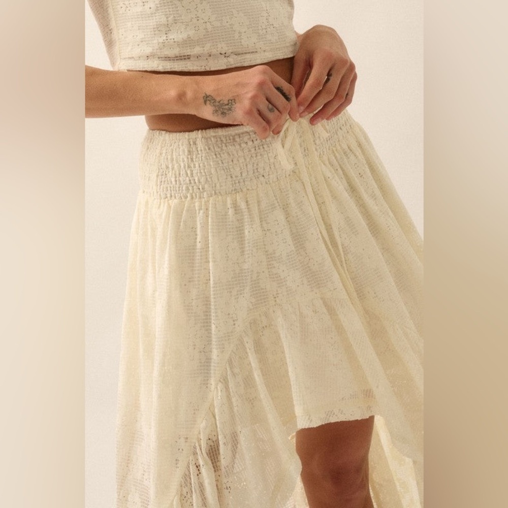 Promesa Sheer Floral Lace Asymmetrical High Low Ruffle Hem Maxi Skirt - Picture 5 of 9